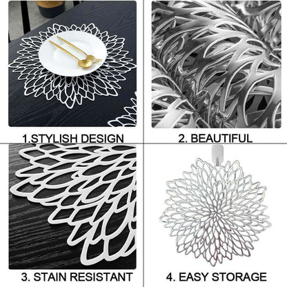 Round Dahlia Placemats | Durable Stain Resistant | Metallic Gold/Silver, 15.5"