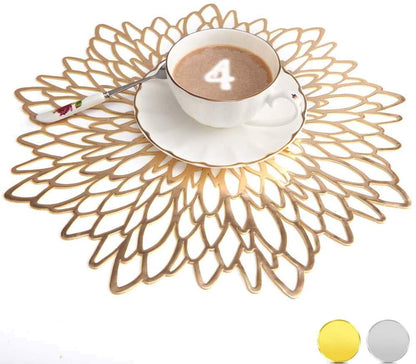 Round Dahlia Placemats | Durable Stain Resistant | Metallic Gold/Silver, 15.5"