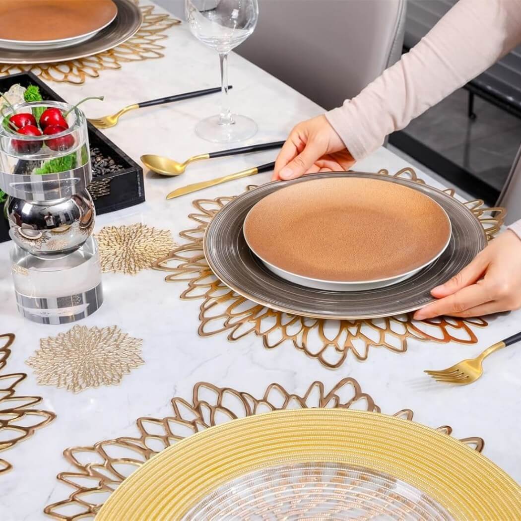 Round Silver Placemats & Coaster Set | Durable Pressed Vinyl | 15.5"