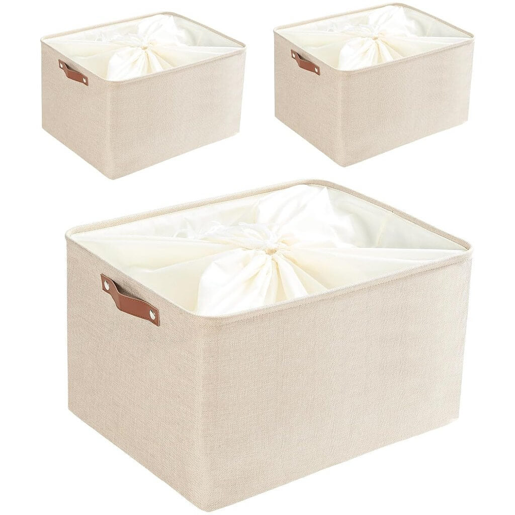 Collapsible Storage Box | Durable Linen with Leather Handles | Beige