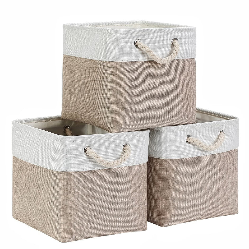 Storage Cube Boxes | Canvas and Linen | White and Light Khaki | Set of 3 Sizes