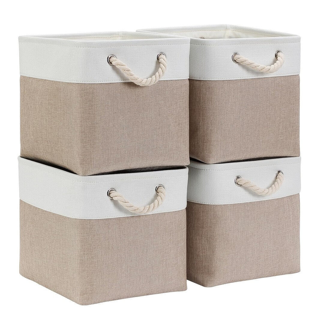 Storage Cube Boxes | Canvas and Linen | White and Light Khaki | Set of 3 Sizes