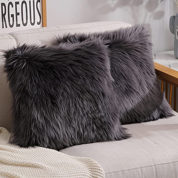 Extra Fluffy & Shaggy Square Bulgy Sheep Fur 2-pack Pillows Cushion Covers