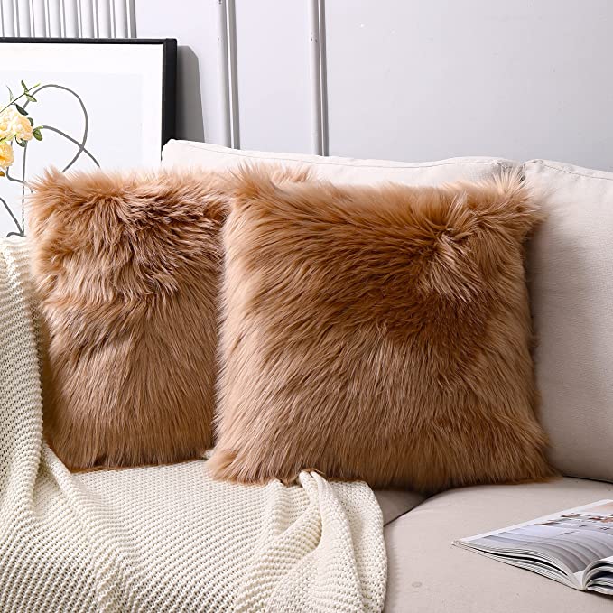 Extra Fluffy & Shaggy Square Bulgy Sheep Fur 2-pack Pillows Cushion Covers