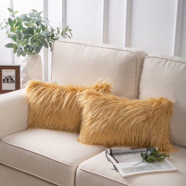 Extra Fluffy & Shaggy Rectangular Delicate Sheep Fur 2-pack Pillows Cushion Covers
