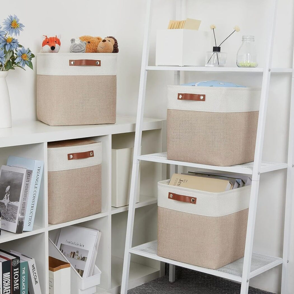 Fabric Storage Boxes | Collapsible with Leather Handles | Set of 3, White & Khaki