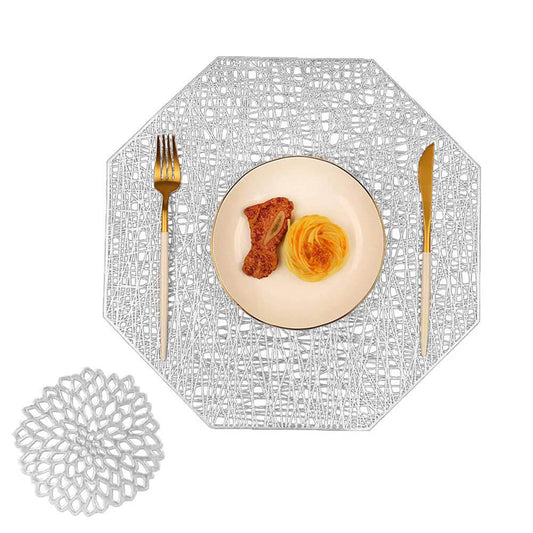 Silver Vinyl Placemats & Coasters Set | Octagonal Design | Set of 6