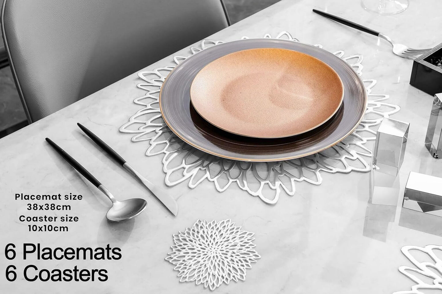 Round Silver Placemats & Coaster Set | Durable Pressed Vinyl | 15.5"