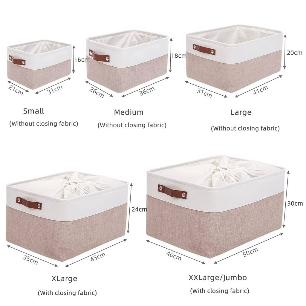 Fabric Storage Boxes | Collapsible with Leather Handles | Set of 3, White & Khaki