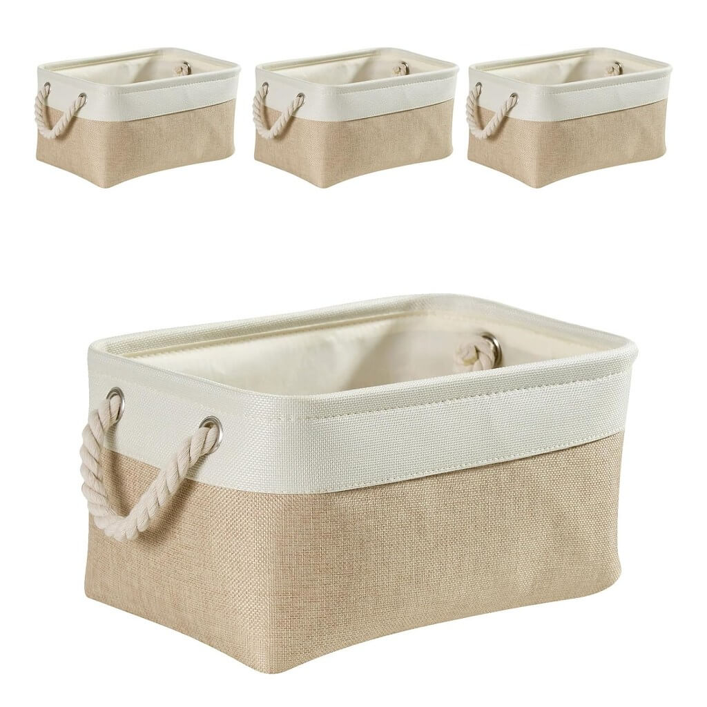 Fabric Storage Baskets | White & Khaki Rope Handles | Set of 5
