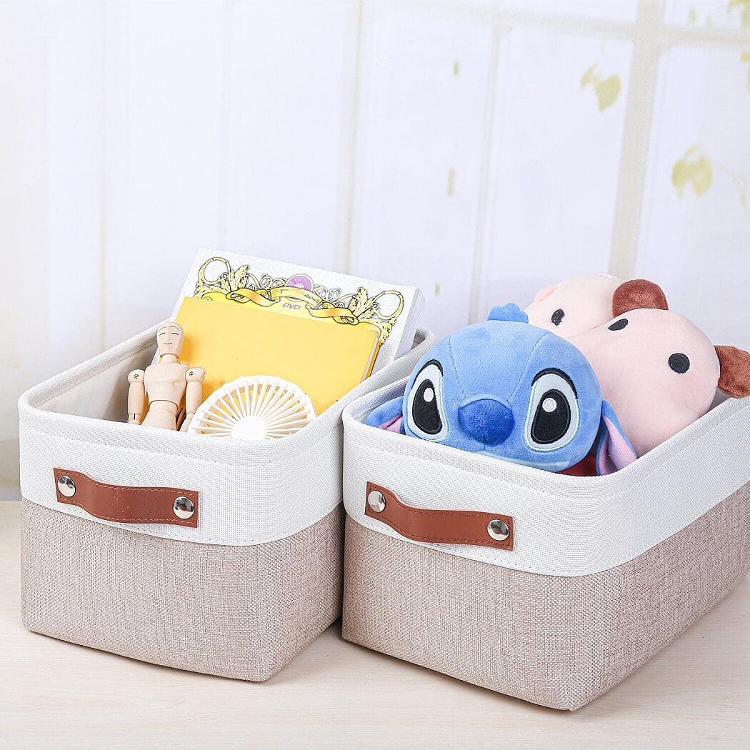 Fabric Storage Boxes | Collapsible with Leather Handles | Set of 3, White & Khaki