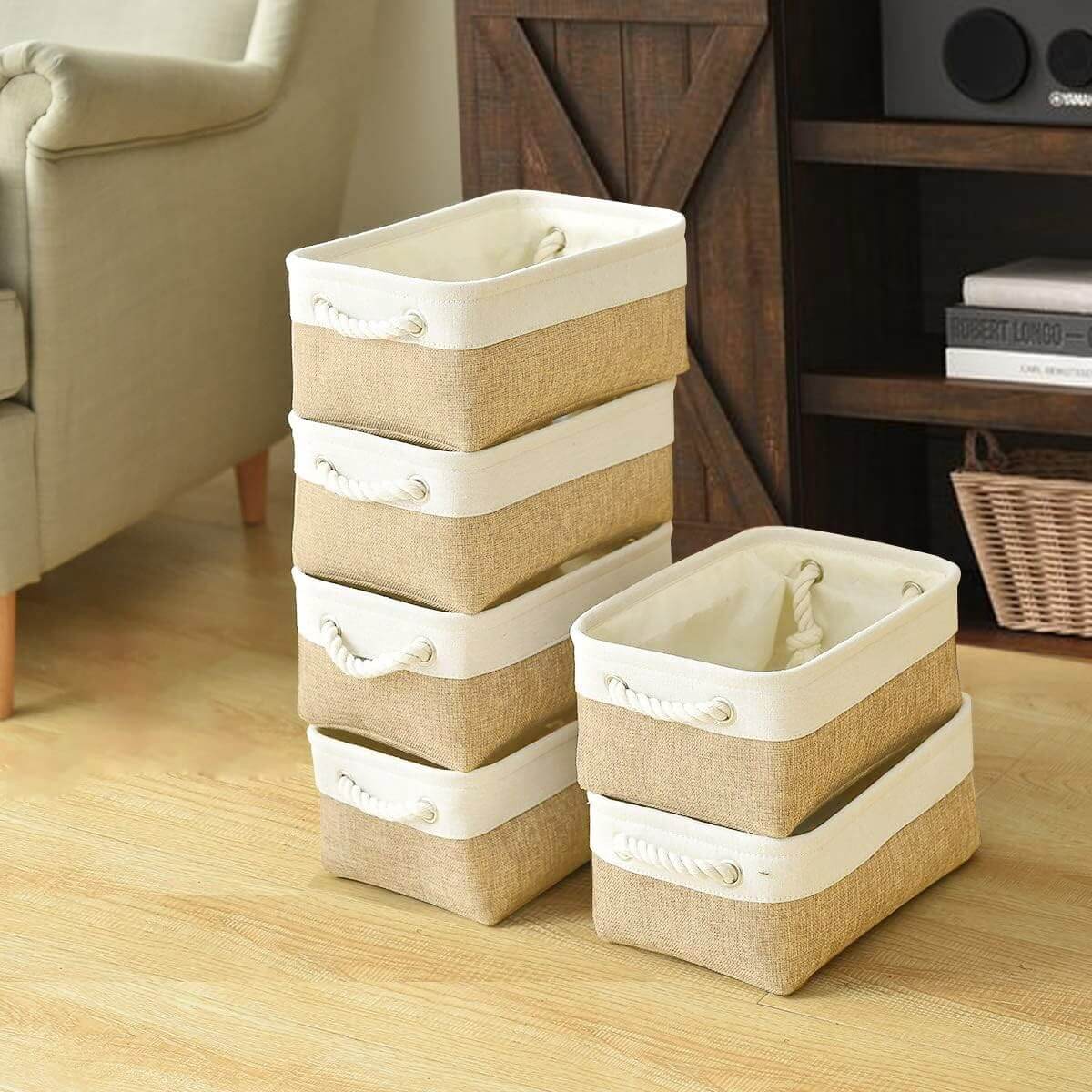 Fabric Storage Baskets | White & Khaki Rope Handles | Set of 5