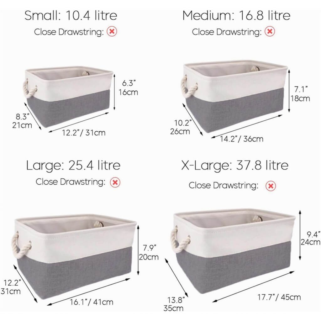 Fabric Storage Baskets | Linen Hemp Cotton Blend | Set of 4 Cold Blue Grey & White