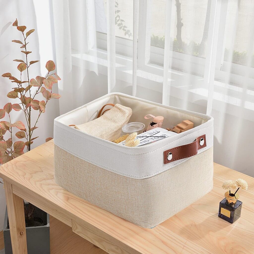 Fabric Storage Boxes | Collapsible with Leather Handles | Set of 3, White & Khaki