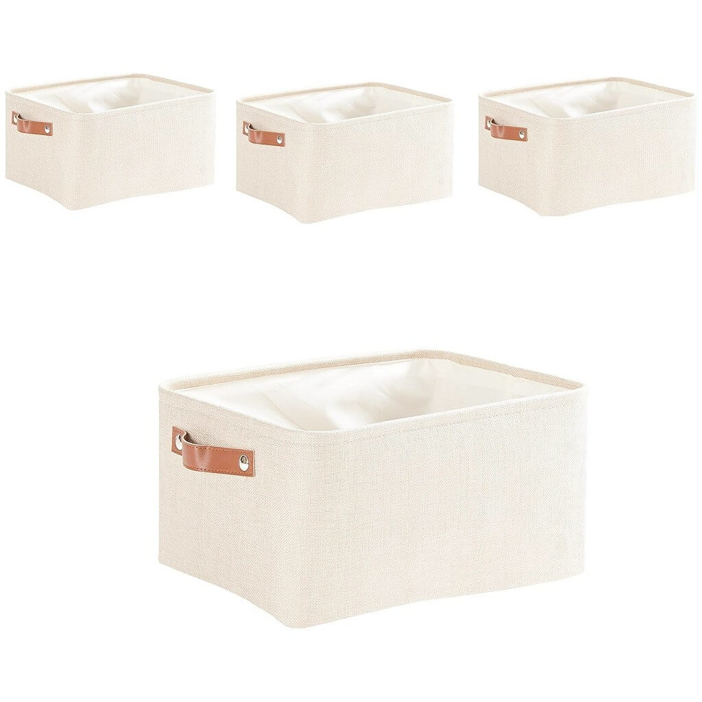 Collapsible Storage Box | Durable Linen with Leather Handles | Beige