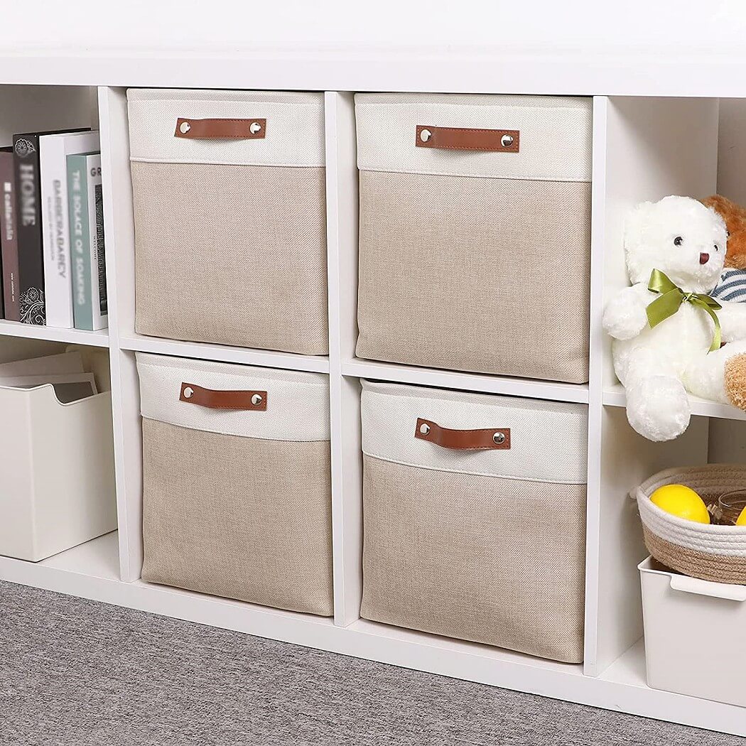 Fabric Storage Boxes | Collapsible with Leather Handles | Set of 3, White & Khaki