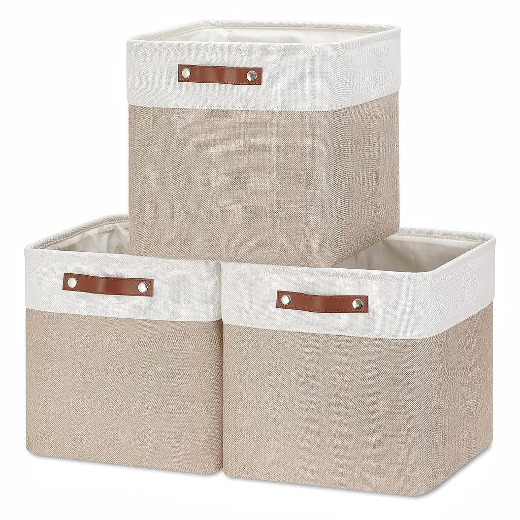 Fabric Storage Boxes | Collapsible with Leather Handles | Set of 3, White & Khaki