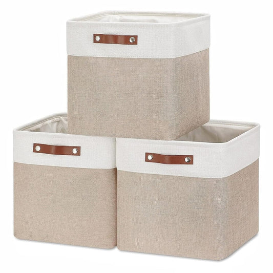 Fabric Storage Boxes | Collapsible with Leather Handles | Set of 3, White & Khaki