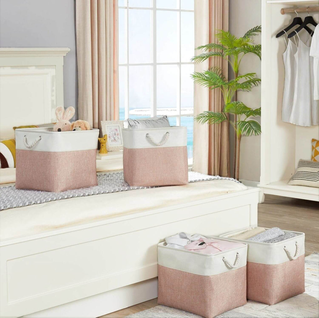 Fabric Storage Cube Boxes | High-Quality Fabric with Rope Handles | Set of 4 in White and Pink