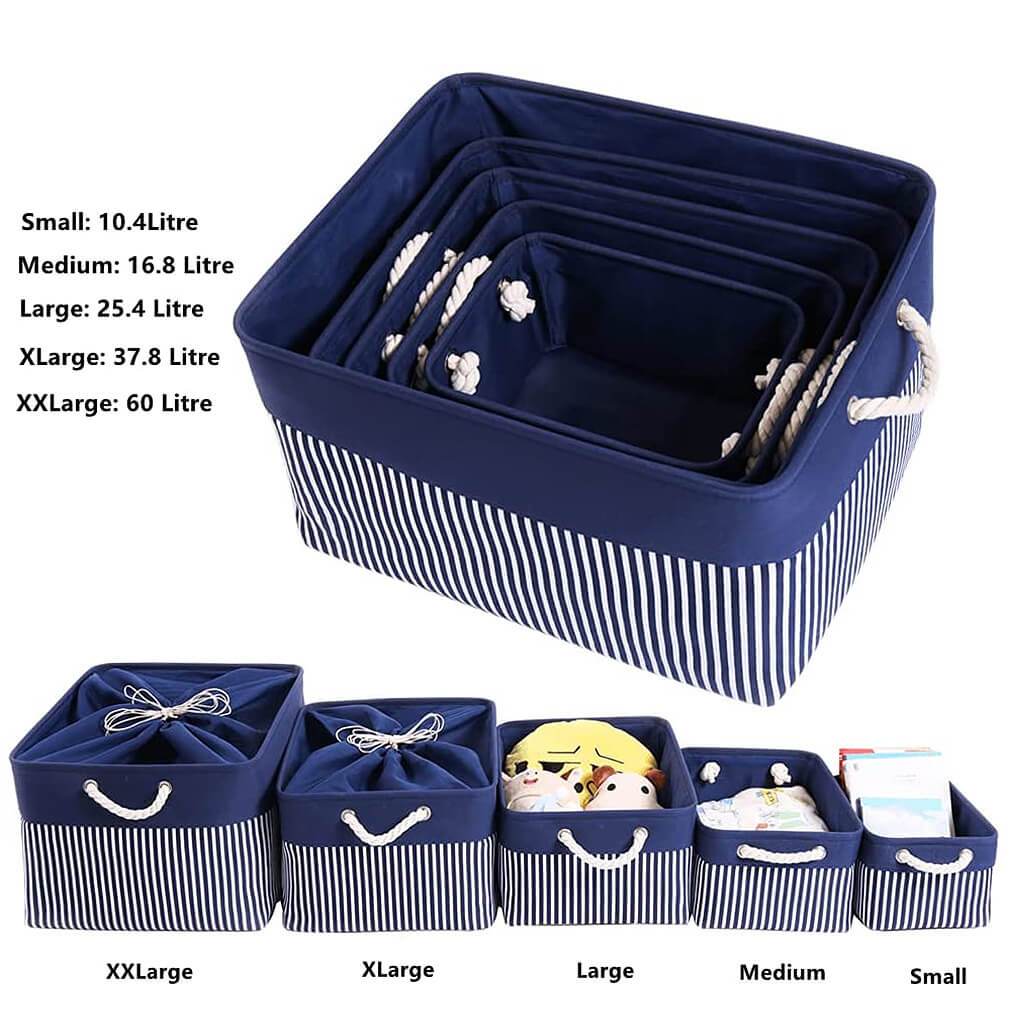 Washable Fabric Storage Baskets | Canvas with Cotton Rope Handles | Blue/White Stripes