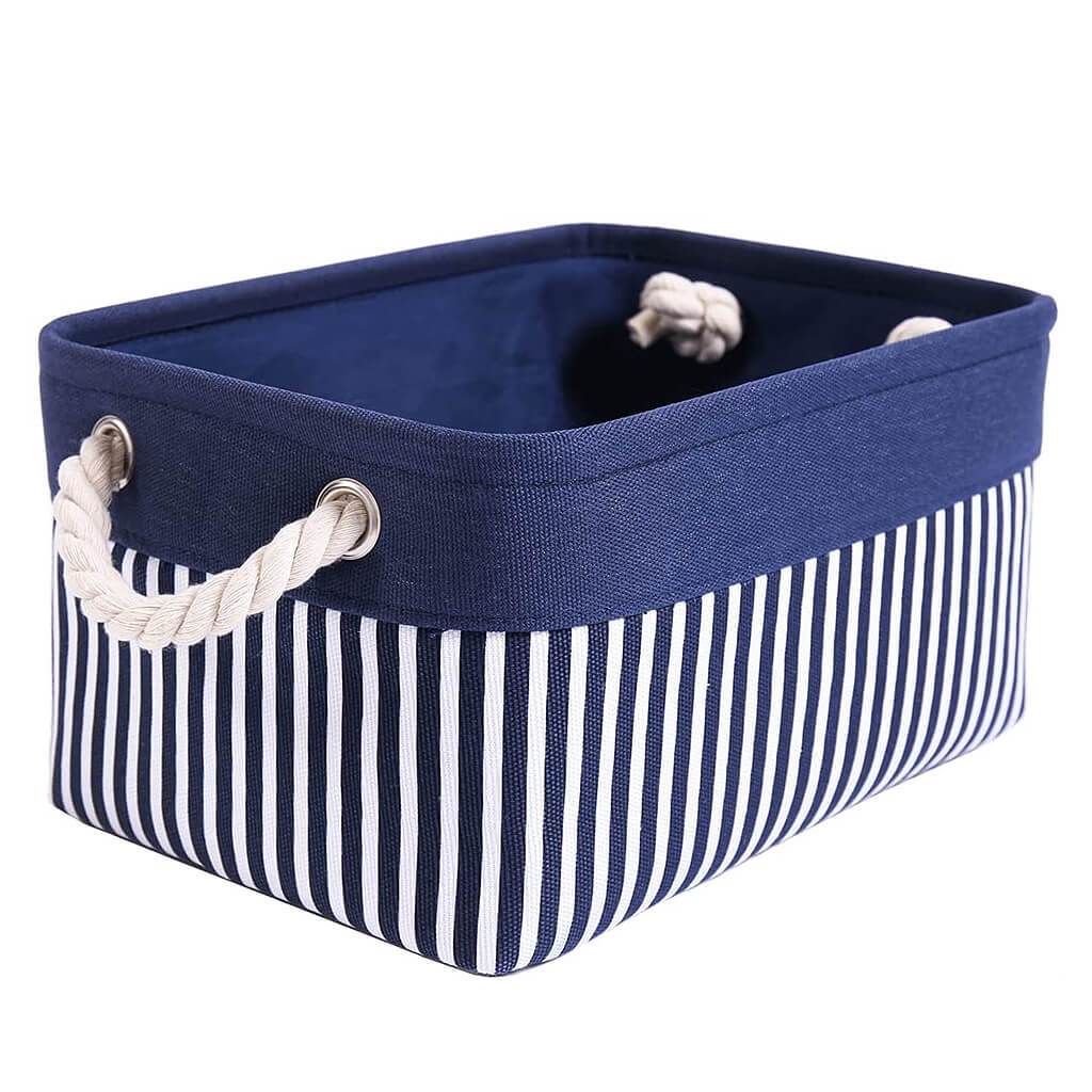Washable Fabric Storage Baskets | Canvas with Cotton Rope Handles | Blue/White Stripes