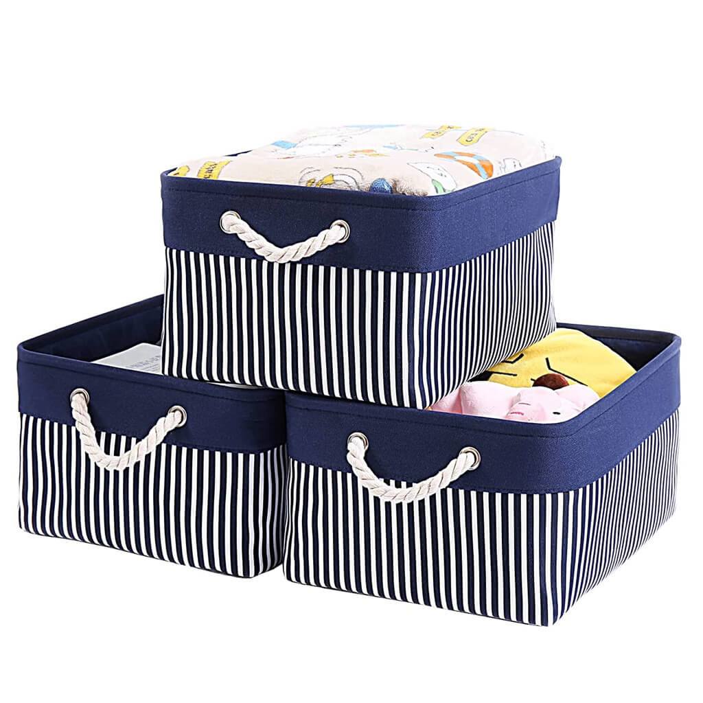 Washable Fabric Storage Baskets | Canvas with Cotton Rope Handles | Blue/White Stripes