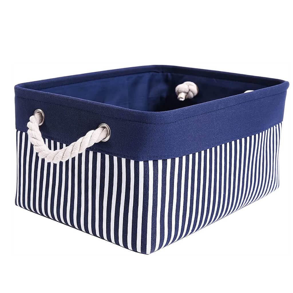 Washable Fabric Storage Baskets | Canvas with Cotton Rope Handles | Blue/White Stripes
