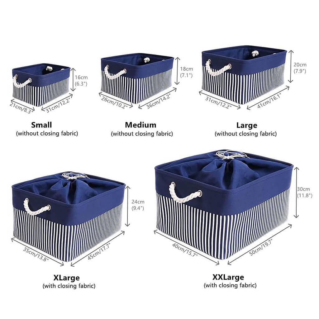 Washable Fabric Storage Baskets | Canvas with Cotton Rope Handles | Blue/White Stripes