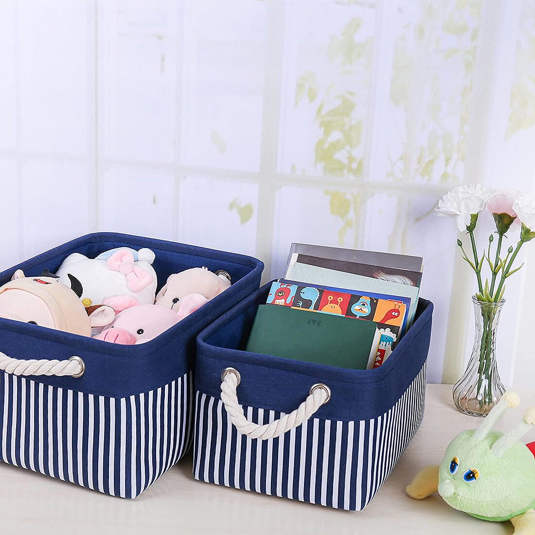 Washable Fabric Storage Baskets | Canvas with Cotton Rope Handles | Blue/White Stripes