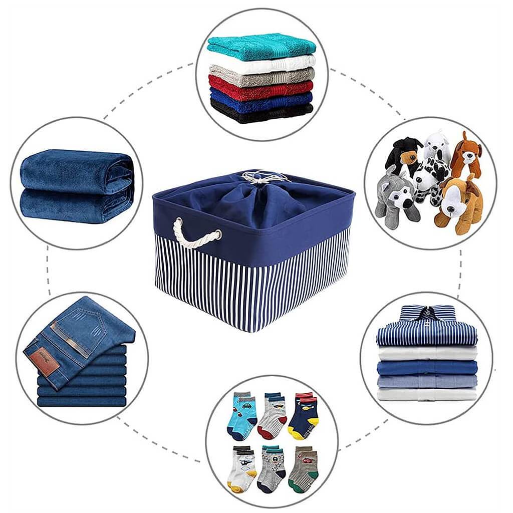 Washable Fabric Storage Baskets | Canvas with Cotton Rope Handles | Blue/White Stripes