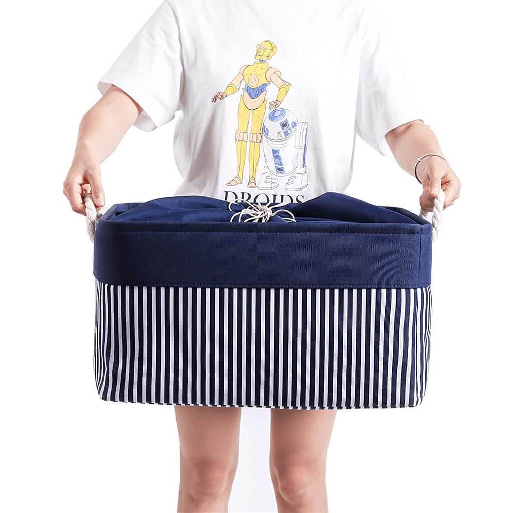 Washable Fabric Storage Baskets | Canvas with Cotton Rope Handles | Blue/White Stripes
