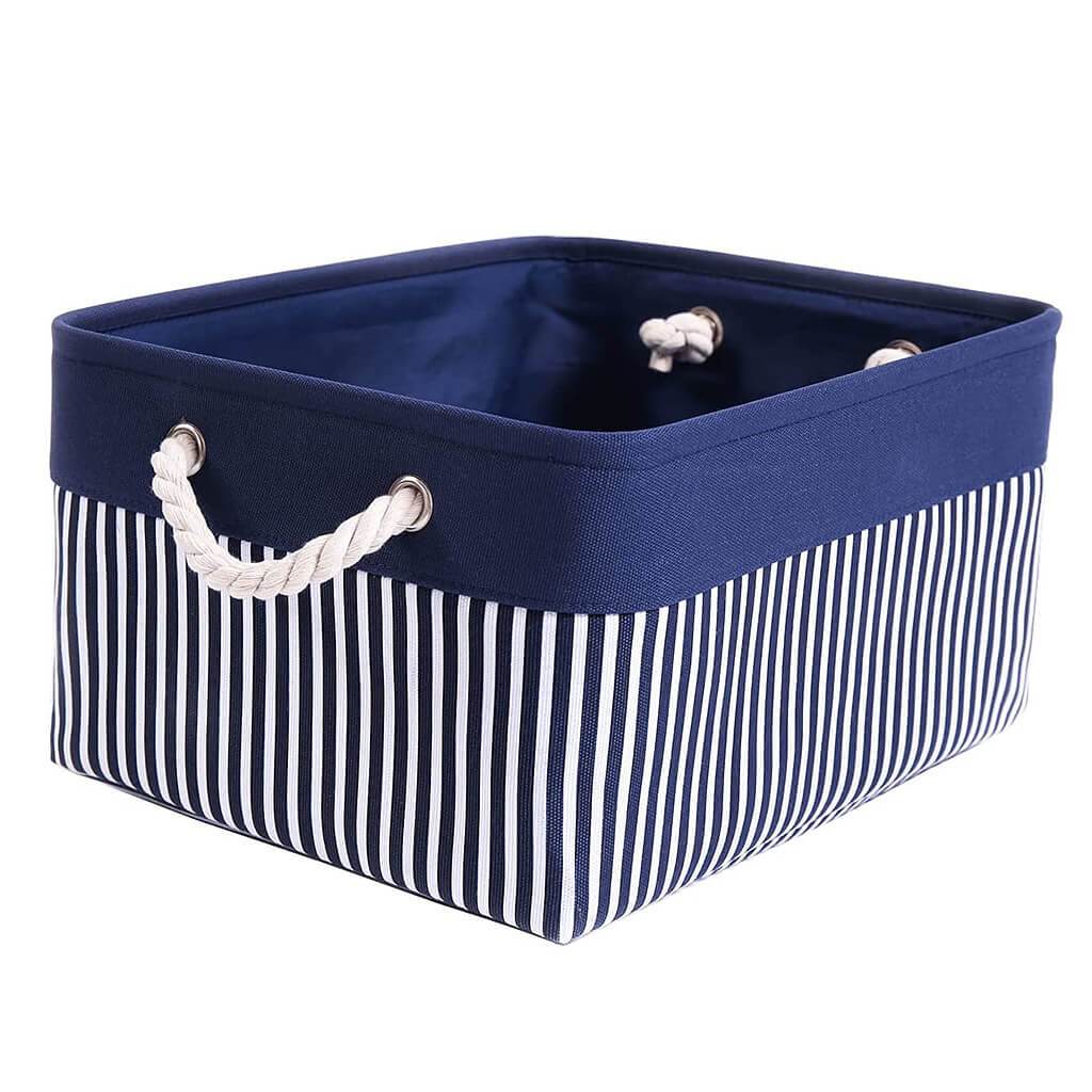 Washable Fabric Storage Baskets | Canvas with Cotton Rope Handles | Blue/White Stripes