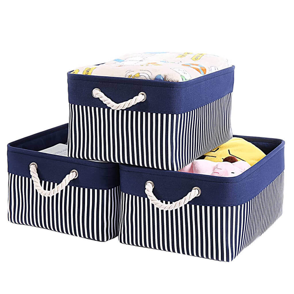 Washable Fabric Storage Baskets | Canvas with Cotton Rope Handles | Blue/White Stripes