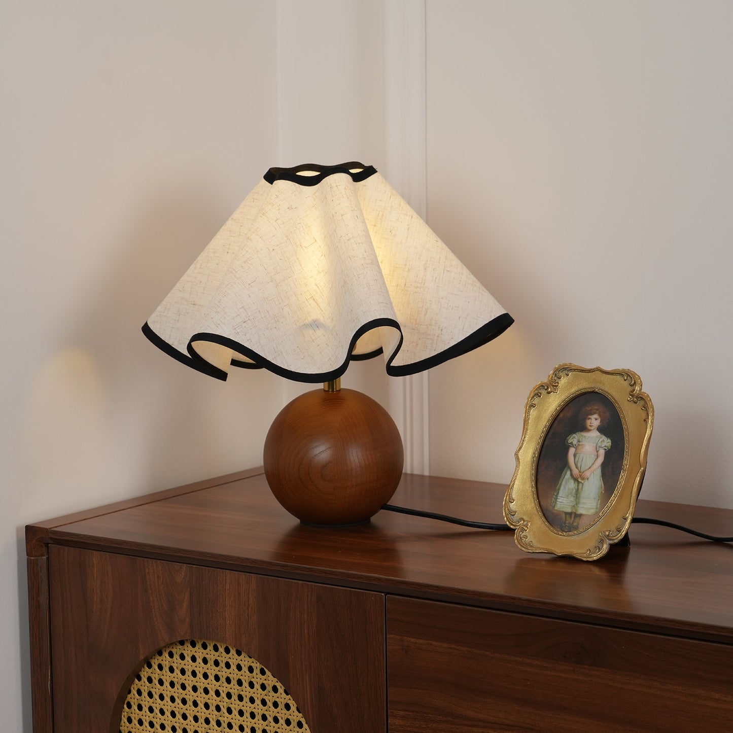 Wavecrest Table Lamp | Wooden Base & Fabric Shade | Walnut Color