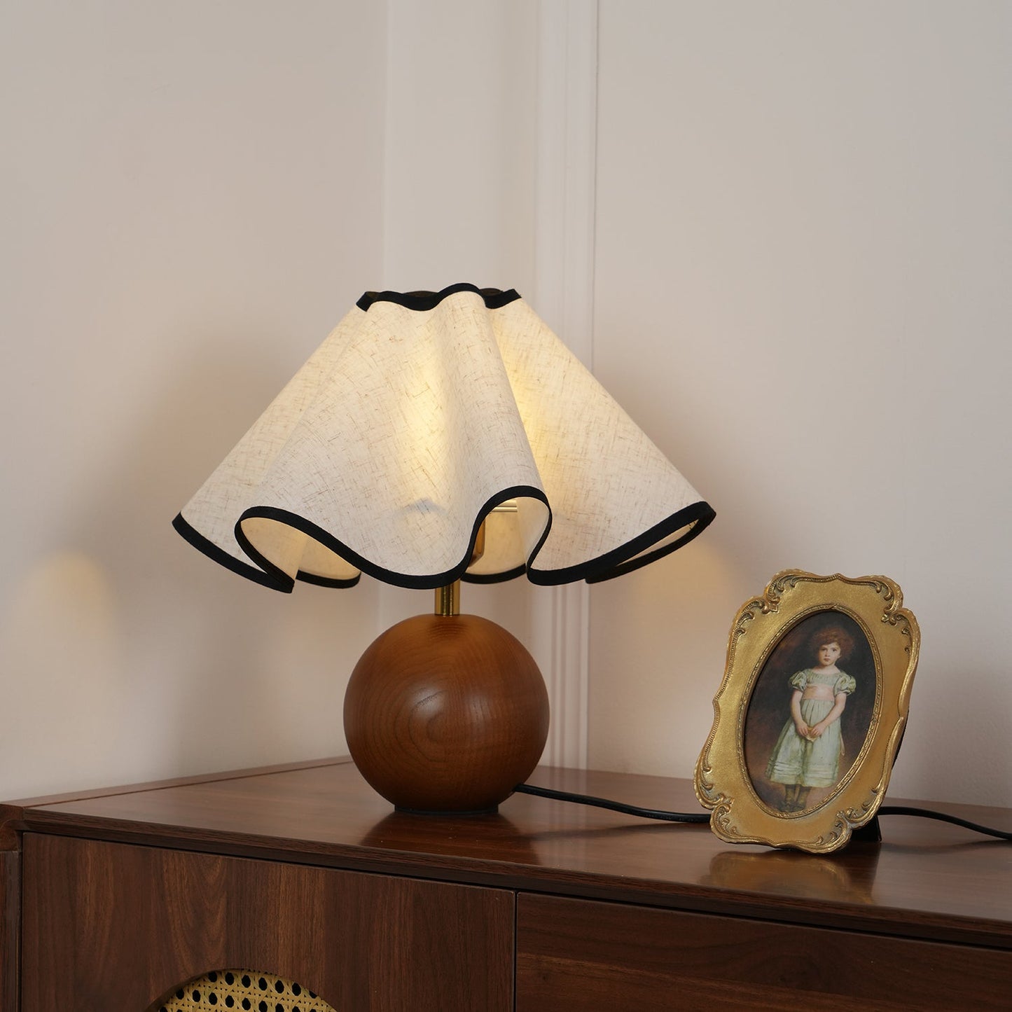 Wavecrest Table Lamp | Wooden Base & Fabric Shade | Walnut Color