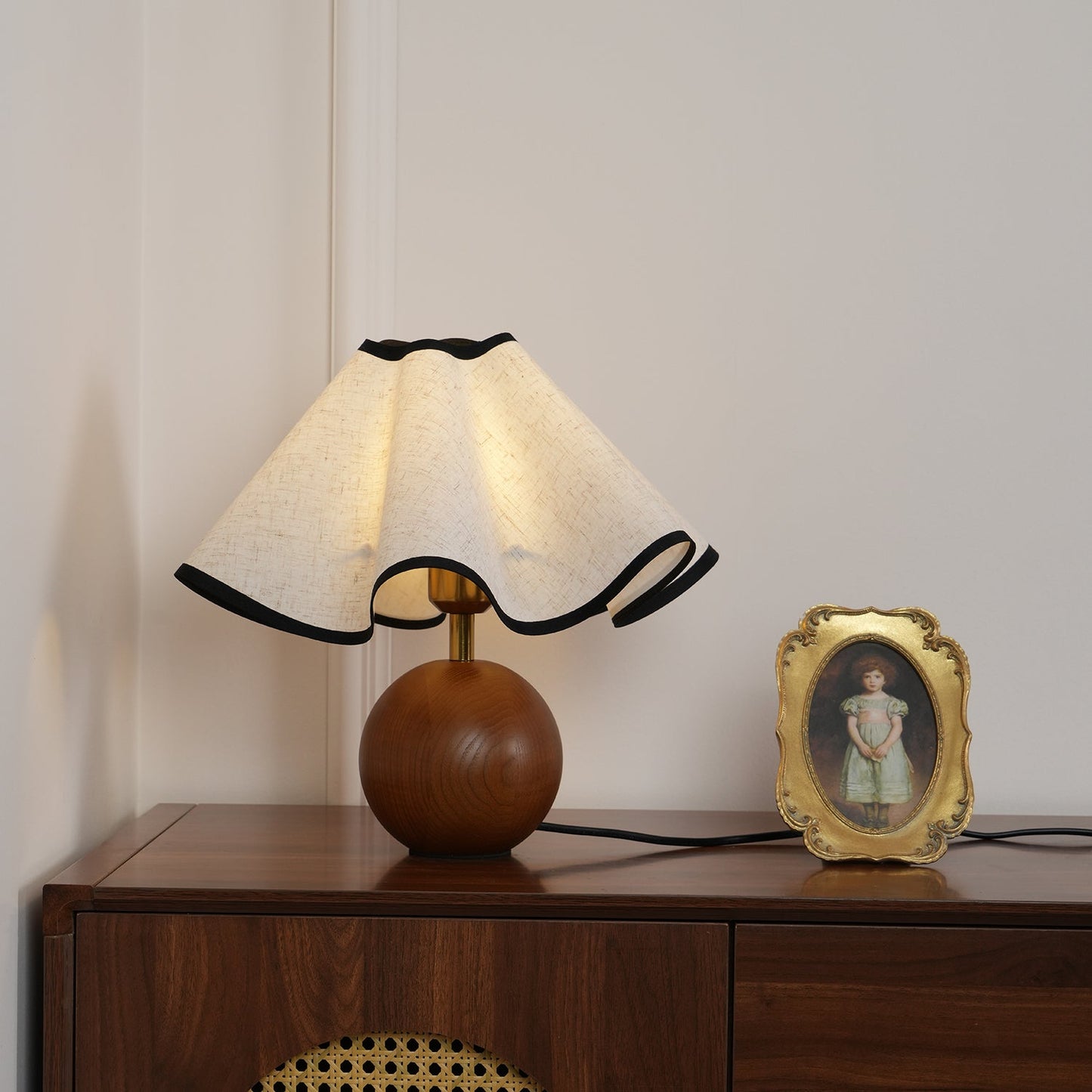 Wavecrest Table Lamp | Wooden Base & Fabric Shade | Walnut Color