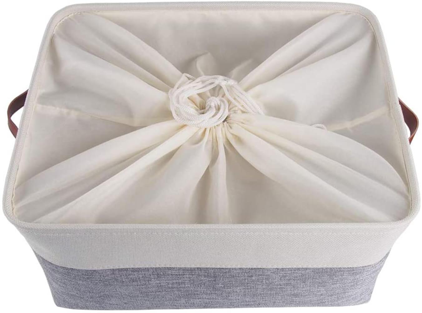 Collapsible Storage Basket | Durable Linen & Leather Handles | Grey & White