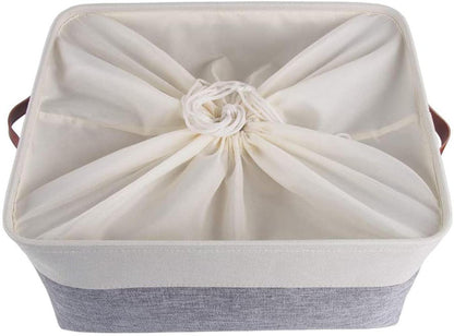 Collapsible Storage Basket | Durable Linen & Leather Handles | Grey & White