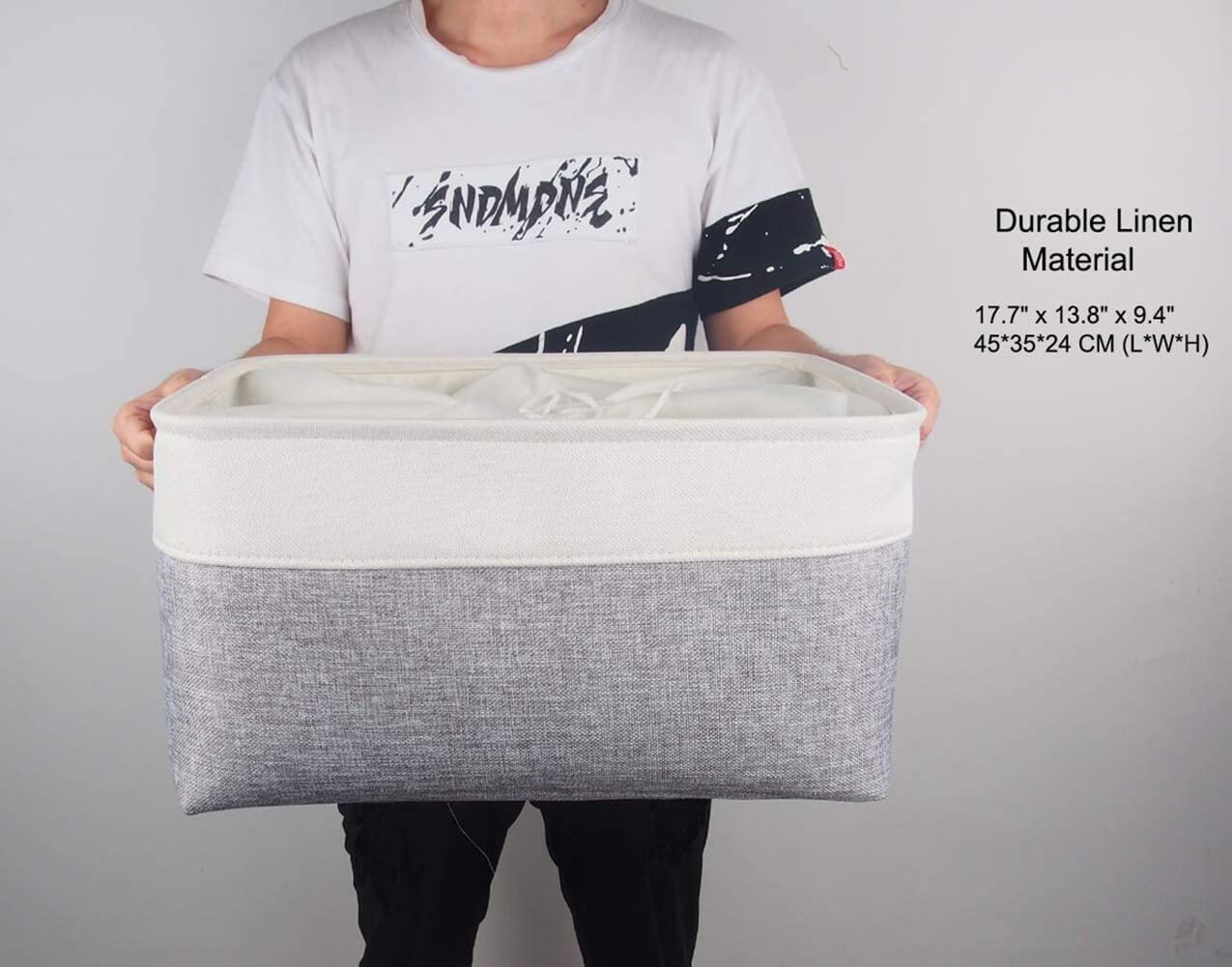 Collapsible Storage Basket | Durable Linen & Leather Handles | Grey & White
