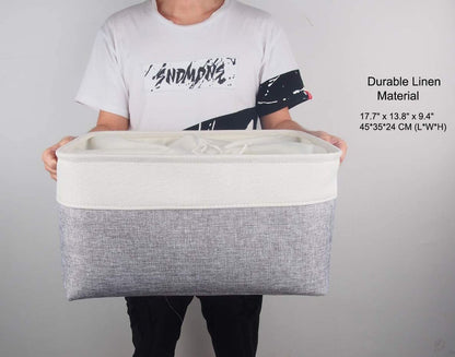 Collapsible Storage Basket | Durable Linen & Leather Handles | Grey & White