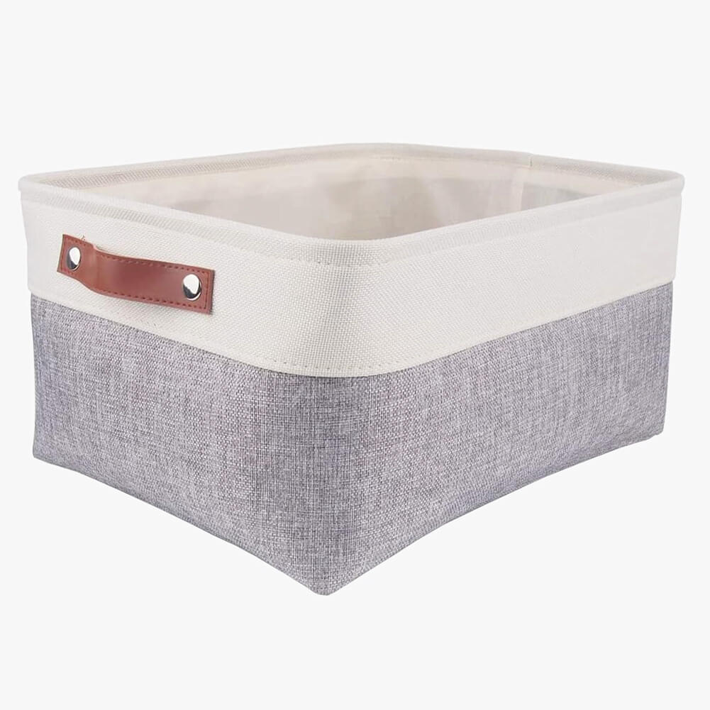 Collapsible Storage Basket | Durable Linen & Leather Handles | Grey & White