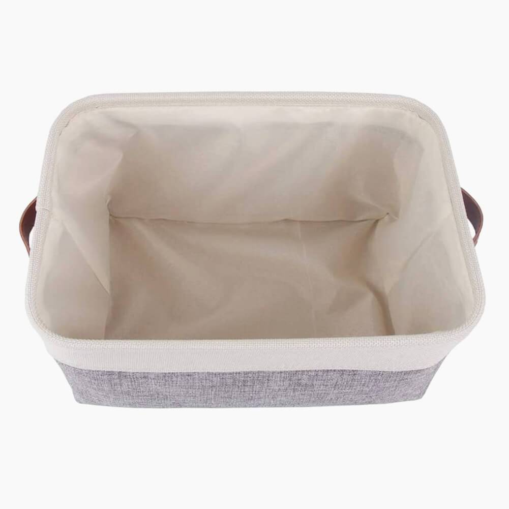 Collapsible Storage Basket | Durable Linen & Leather Handles | Grey & White