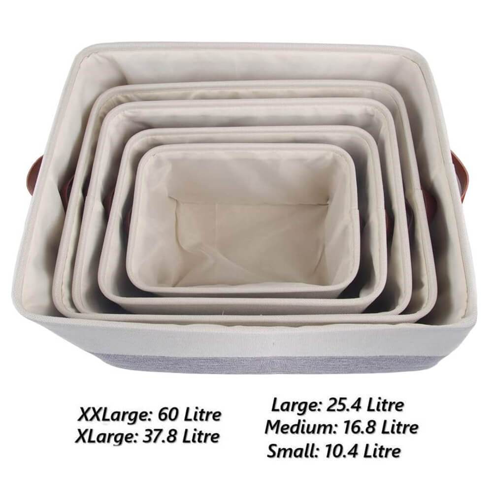 Collapsible Storage Basket | Durable Linen & Leather Handles | Grey & White