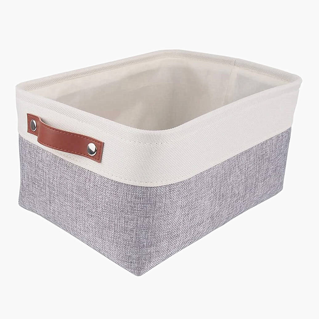 Collapsible Storage Basket | Durable Linen & Leather Handles | Grey & White