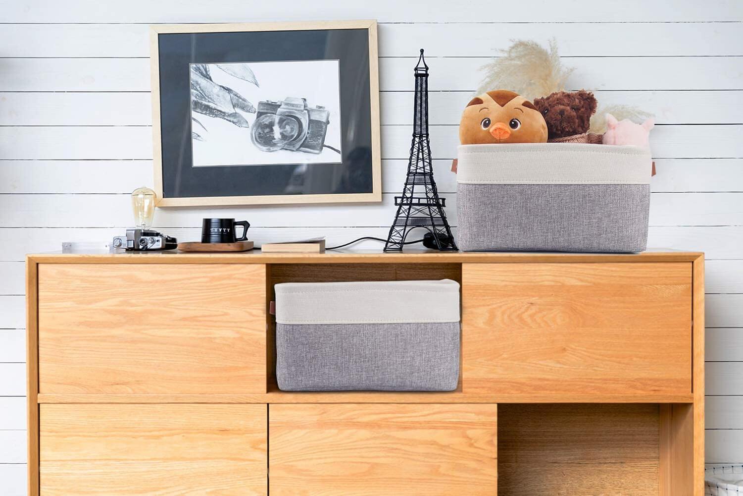 Collapsible Storage Basket | Durable Linen & Leather Handles | Grey & White