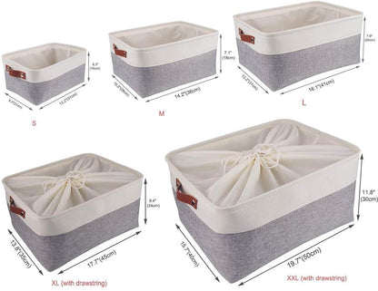 Collapsible Storage Basket | Durable Linen & Leather Handles | Grey & White