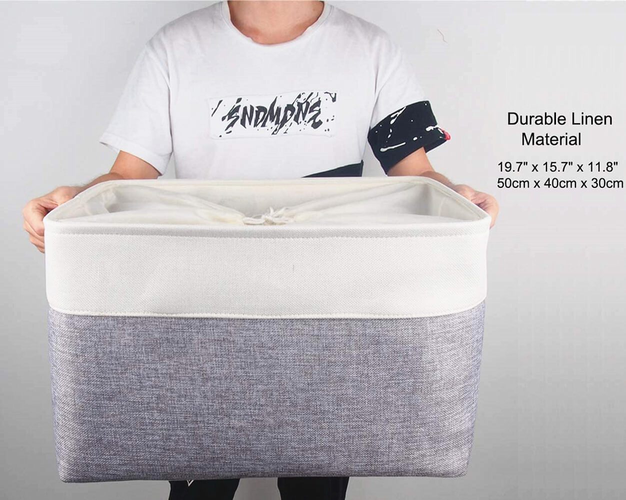 Collapsible Storage Basket | Durable Linen & Leather Handles | Grey & White