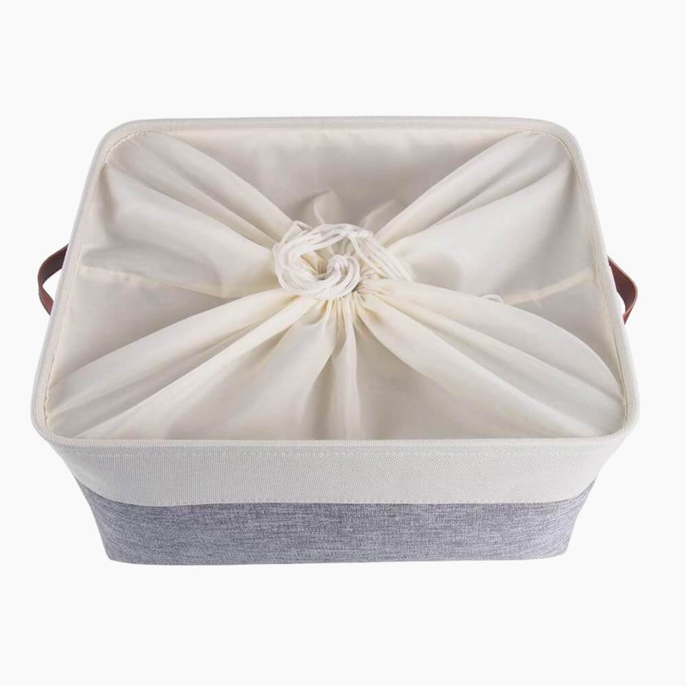 Collapsible Storage Basket | Durable Linen & Leather Handles | Grey & White