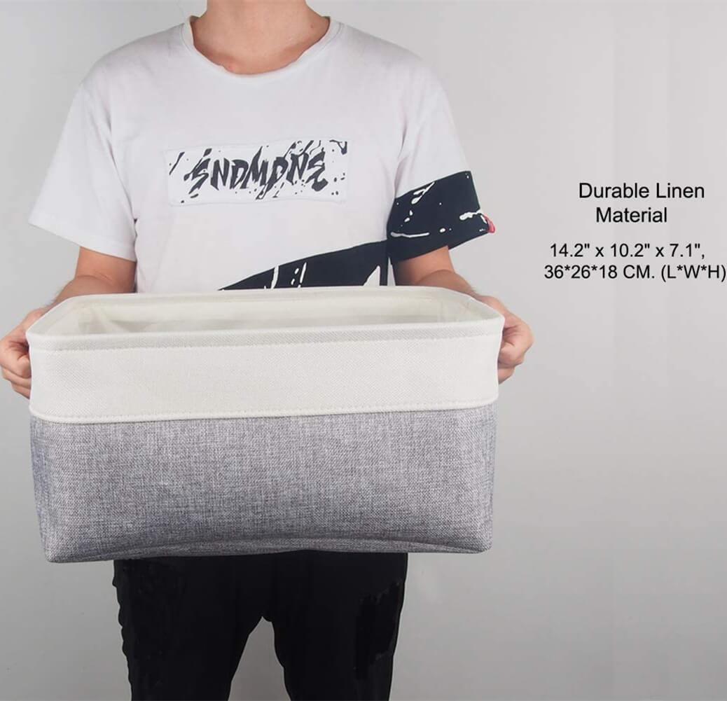 Collapsible Storage Basket | Durable Linen & Leather Handles | Grey & White