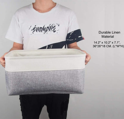 Collapsible Storage Basket | Durable Linen & Leather Handles | Grey & White